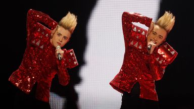 Jedward during the final of the Eurovision Song Contest 2011 in Duesseldorf, Germany, Saturday, May 14, 2011. (AP Photo/Frank Augstein)